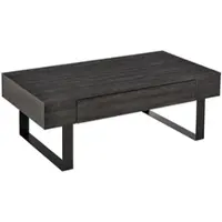 OKWISH Couchtisch 110x60x40 cm mit Schublade und offenen Regalen, Stahlrahmen, moderne Holzoptik, Dunkelgrau, pflegeleicht