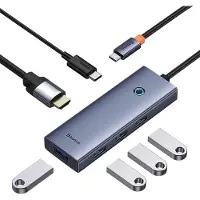 Baseus UltraJoy 6-in-1-Hub, USB-C auf HDMI 4K bei 60 Hz, 4x USB 3.0, 1x PD, 100 W, grau