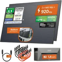 Solarway All In One Balkonkraftwerk mit Speicher 890W komplett Steckdose - 1,6 kWh Anker Solix 2 PRO Speicher - Solaranlage Komplettset - 445W bifaziale Solarmodule & Anker Speicher & Zubehör