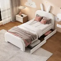 STILVORA Jugendbett 90×200 Ohne Matratze Polsterbett Kinderbett mit Kopfteil in Kaninchenform,Einzelbett mit Lattenrost und zwei Schubladen,Weiß