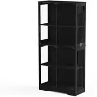 OKWISH Vitrine mit Glastüren LED Beleuchtung Stauraum Wohnzimmer 80x35x165cm Schwarz