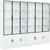 OKWISH Vitrine mit LED Beleuchtung Schranktüren Stauraum Wohnzimmer 240x32x200cm Weiß