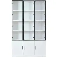 OKWISH Vitrine mit LED Beleuchtung Schranktüren Stauraum Wohnzimmer 120x32x200cm Weiß