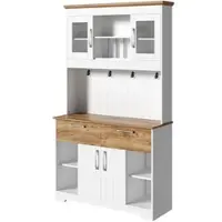 OKWISH Küchenschrank Sideboard mit 2 Schubladen und Hakenleiste Aufbewahrungsschrank Hochschrank mit Vitrinenfächern und offenen Fächern für Küche und Esszimmer Weiß