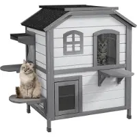 PawHut Katzenhaus Outdoor Katzenhütte 2-Etagen Katzenvilla Asphaltdach Weiß