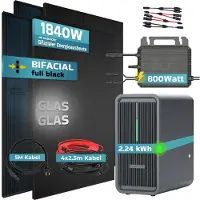 SUNNIVA 1840W Balkonkraftwerk mit 2,24 kWh Speicher Marstek B2500-D, 4x 460W BIFAZIAL FULLBLACK komplett Steckdose, PV Solaranlage + Solarspeicher