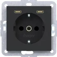 Hager WAS4055BM Steckdose SCHUKO mit USB Typ C 2fach PD, 20W, A.x/C.x, nachtschwarz matt