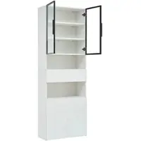 OKWISH Vitrine mit Glastüren Schubladen LED Beleuchtung Wohnzimmer 70x30x200cm Weiß