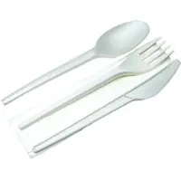 Emissimo Besteckset aus weißem CPLA Messer Gabel Löffel Serviette 30x30cm 2-lagig, kompostierbar 500 Stück