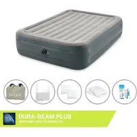 Intex Luftbett - 2 Personen - 152 x 203 x 46 cm - Grau - Mit eingebauter Pumpe, Spannbettlaken Weiß, Kopfkissen, Molton 2 in 1 Kissenbezüge en Reperaturset