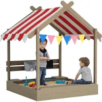 Outsunny SANDKASTEN mit Dach, Sandkiste aus Holz mit Sitzplatz, Spielhaus für 3-7 Jahre