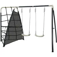 Axi Schaukel Set aus Metall in Anthrazit & Creme | Doppelschaukel & Kletternetz mit Gestell | Gartenschaukel für Kinder / Kinderschaukel | Schaukelgestell für den Garten