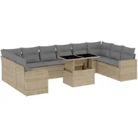 vidaXL 11-tlg. Garten-Sofagarnitur mit Kissen Beige Poly Rattan
