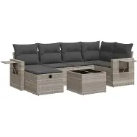 vidaXL 7-tlg. Garten-Sofagarnitur mit Kissen Hellgrau Poly Rattan