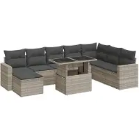vidaXL 9-tlg. Garten-Sofagarnitur mit Kissen Hellgrau Poly Rattan