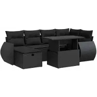 vidaXL 7-tlg. Garten-Sofagarnitur mit Kissen Schwarz Poly Rattan