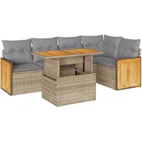 vidaXL 6-tlg. Garten-Sofagarnitur mit Kissen Beige Poly Rattan Akazie