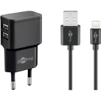 Wentronic Apple Lightning Dual-Ladeset (12 W), Netzteil mit 2x USB-Anschlüssen, Apple Lightning-Kabel, 1 m, schwarz, Drinnen, AC, 5 V, 1 m, Schwarz