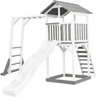 Axi Beach Tower Spielturm aus Holz in Weiß & Grau | Spielhaus für Kinder mit weißer Rutsche, Klettergerüst und Sandkasten | Stelzenhaus für den Garten