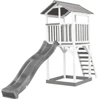 Axi Beach Tower Spielturm aus Holz in Weiß & Grau | Spielhaus für Kinder mit grauer Rutsche und Sandkasten | Stelzenhaus für den Garten