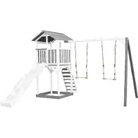 Axi Beach Tower Spielturm aus Holz in Weiß & Grau | Spielhaus für Kinder mit weißer Rutsche, Doppelschaukel und Sandkasten | Stelzenhaus für den Garten