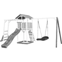 Axi Beach Tower Spielturm aus Holz in Weiß & Grau | Spielhaus für Kinder mit grauer Rutsche, Klettergerüst, Nestschaukel und Sandkasten | Stelzenhaus