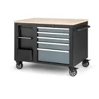 HBM Werkzeugwagen, mobile Werkbank 114 cm mit Holzarbeitsplatte, Schwarz/Grau