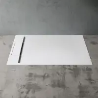 Doporro Duschtasse Duschwanne 80x90x4 flach Mineralguss in Weiß inkl. Ablaufgarnitur AL06 DIN-Anschlüsse für bodenebene Montage geeignet Geoma04
