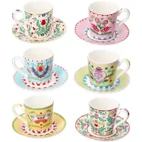 MamboCat Spring Folk 6er Set Espressotassen 80ml mit Untertassen Porzellan bunt Folk