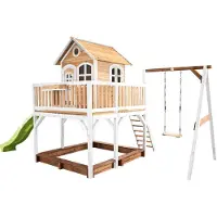 Axi Spielhaus Liam mit Sandkasten, Schaukel & hellgrüner Rutsche | Stelzenhaus XXL in Braun & Weiß aus Holz für Kinder | Spielturm mit Wellenrutsche für den Garten