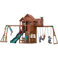Backyard Discovery Spielturm Skyfort II aus Holz | XXL Spielhaus für Kinder mit Rutsche, Schaukel, Trapezstange, Kletterwand und Aussichtsturm | Stelzenhaus für den Garten
