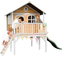 Axi Spielhaus Sophie mit grüner Rutsche | Stelzenhaus in Braun & Weiß aus Holz für Kinder | Spielturm mit Wellenrutsche für den Garten