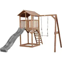 Axi Beach Tower Spielturm aus Holz in Weiß & Grau | Spielhaus für Kinder mit weißer Rutsche, Klettergerüst, Nestschaukel und Sandkasten | Stelzenhaus für den Garten