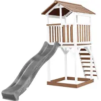 Axi Beach Tower Spielturm aus Holz in Braun & Weiß | Spielhaus für Kinder mit grauer Rutsche und Sandkasten | Stelzenhaus für den Garten