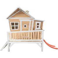 Axi Spielhaus Emma mit roter Rutsche | Stelzenhaus in Braun & Weiß aus Holz für Kinder | Spielturm für den Garten