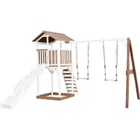 Axi Beach Tower Spielturm aus Holz in Braun & Weiß | Spielhaus für Kinder mit weißer Rutsche, Doppelschaukel und Sandkasten | Stelzenhaus für den Garten