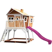 Axi Spielhaus Max mit Sandkasten & lila Rutsche | Stelzenhaus in Braun & Weiß aus Holz für Kinder | Spielturm mit Wellenrutsche für den Garten