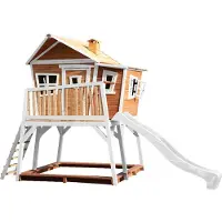 Axi Spielhaus Max mit Sandkasten & weißer Rutsche | Stelzenhaus in Braun & Weiß aus Holz für Kinder | Spielturm mit Wellenrutsche für den Garten