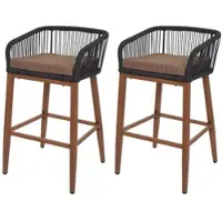 Décoshop26 - Set aus 2 Barhockern mit anthrazitfarbenem Seilgeflecht und Metallgestell in Holzoptik mit taupefarbenen Kissen 04_0009608