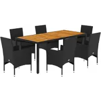 vidaXL 7-tlg. Garten-Essgruppe mit Kissen Schwarz Poly Rattan Akazie