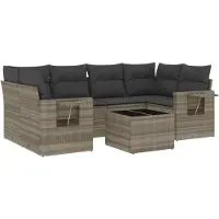 vidaXL 7-tlg. Garten-Sofagarnitur mit Kissen Hellgrau Poly Rattan