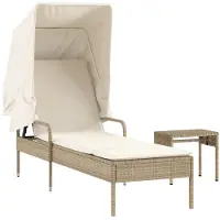 vidaXL Sonnenliege mit Dach und Tisch Beige Poly Rattan