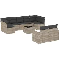 vidaXL 10-tlg. Garten-Sofagarnitur mit Kissen Hellgrau Poly Rattan