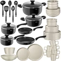 TecTake Küchenstarterset Steingutservice 30-tlg, Topfset 15-tlg Aluminium Antihaft, hitzebeständige Griffe, spülmaschinengeeignet, in schwarz/taupe