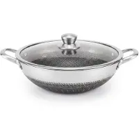 Cheffinger Ø36 cm Wok Bratpfanne Edelstahl Waben-Antihaftbeschichtung Wokpfanne Glasdeckel Asia Schmortopf Induktion