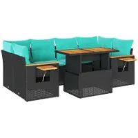 vidaXL 7-tlg. Garten-Sofagarnitur mit Kissen Schwarz Poly Rattan