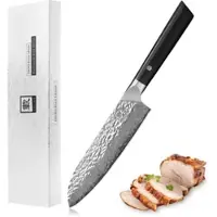 Zayiko KURO Santokumesser japanischer Damaststahl VG-10, sehr hochwertiges Damast-Küchenmesser mit Pakaholzgriff schwarz