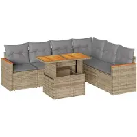vidaXL 7-tlg. Garten-Sofagarnitur mit Kissen Beige Poly Rattan Akazie