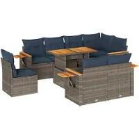 vidaXL 9-tlg. Garten-Sofagarnitur mit Kissen Grau Poly Rattan Akazie