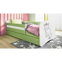 WFL GROUP Kinderbett Grün 70x140 80x160 80x180 cm – mit Matratze, Rausfallschutz und Schublade – Jugendbett für Mädchen und Jungen – Stabil und Sicher – Katze – 160x80 cm